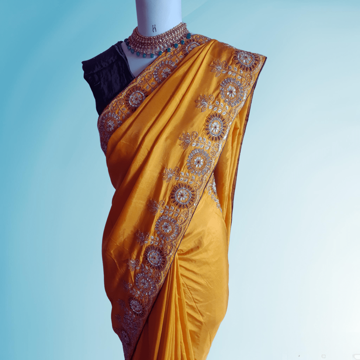 Pure Crepe Satin Silk Saree in Yellow color with heavy handwork - Kalyanam By Swati