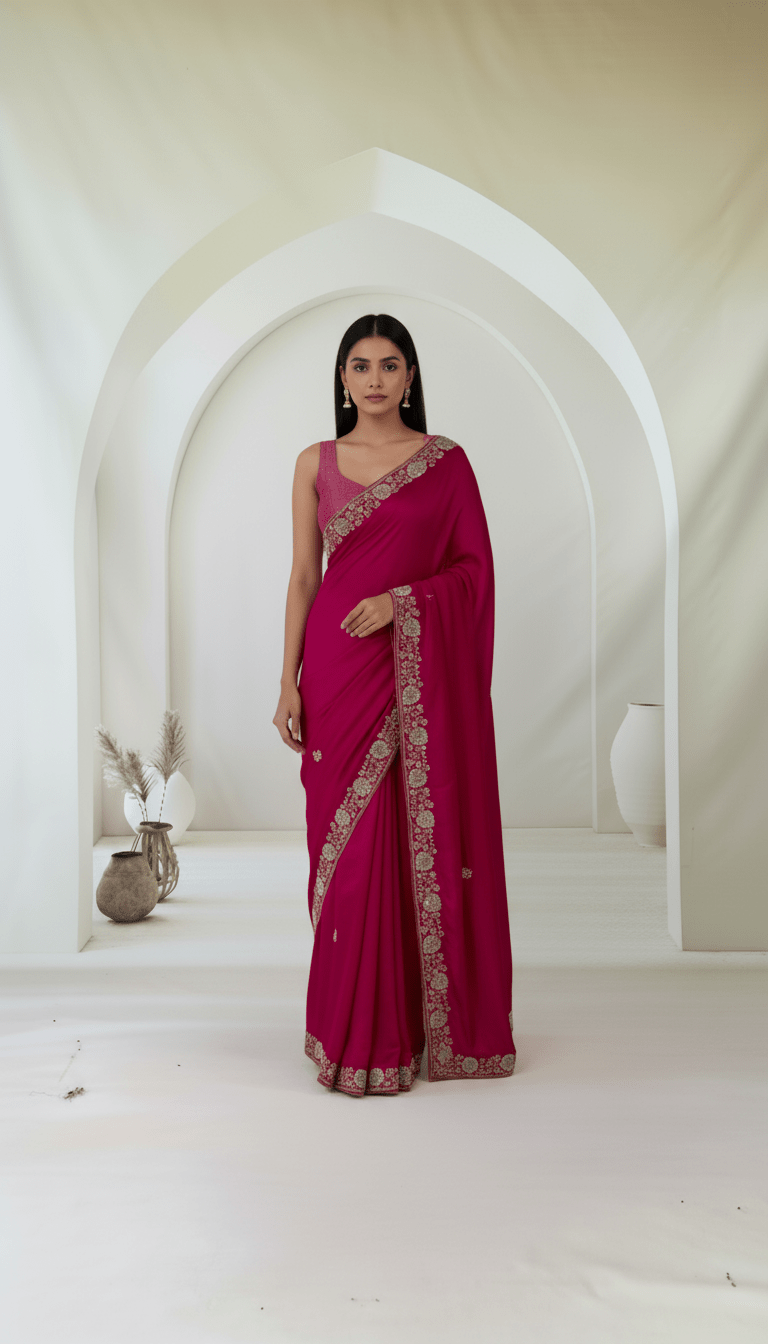 Pure crepe silk saree in heavy zardozi handwork in hot pink color - Kalyanam By Swati