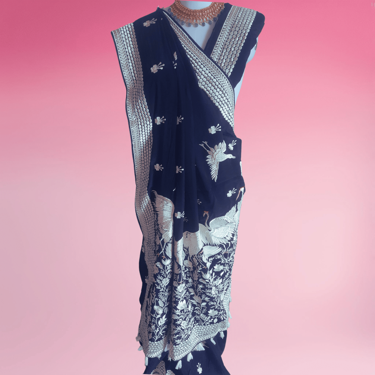 Pure crepe silk saree in parsi gara thread embroidery in black colour - Kalyanam By Swati