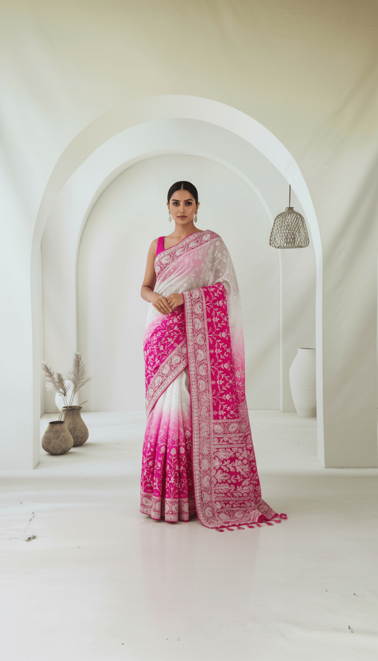 Pure Georgette Chikankari Saree in ombre shades - Kalyanam By Swati