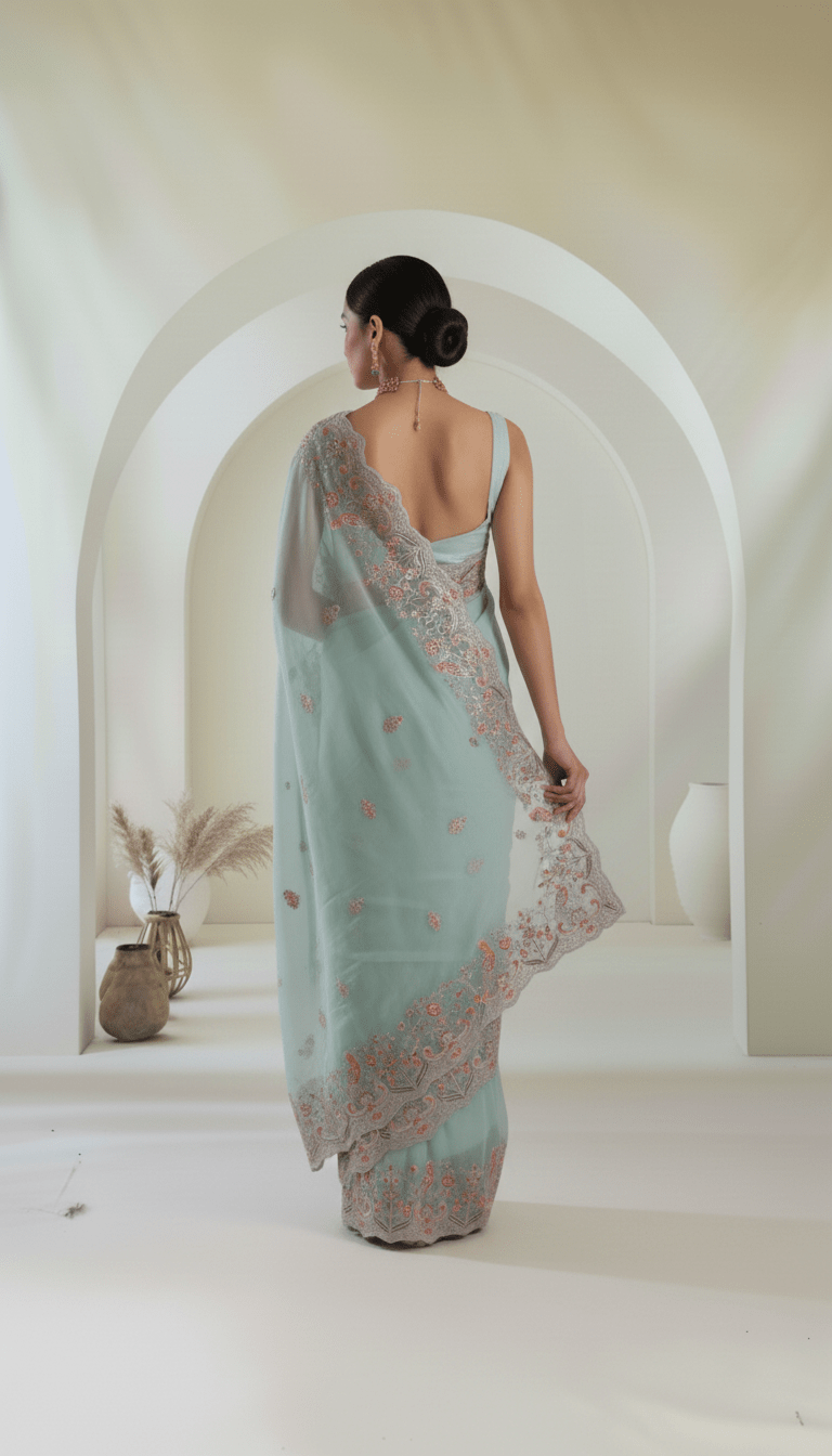 Pure Organza Net Saree in all over resham dori hand thread embroidery - Kalyanam By Swati