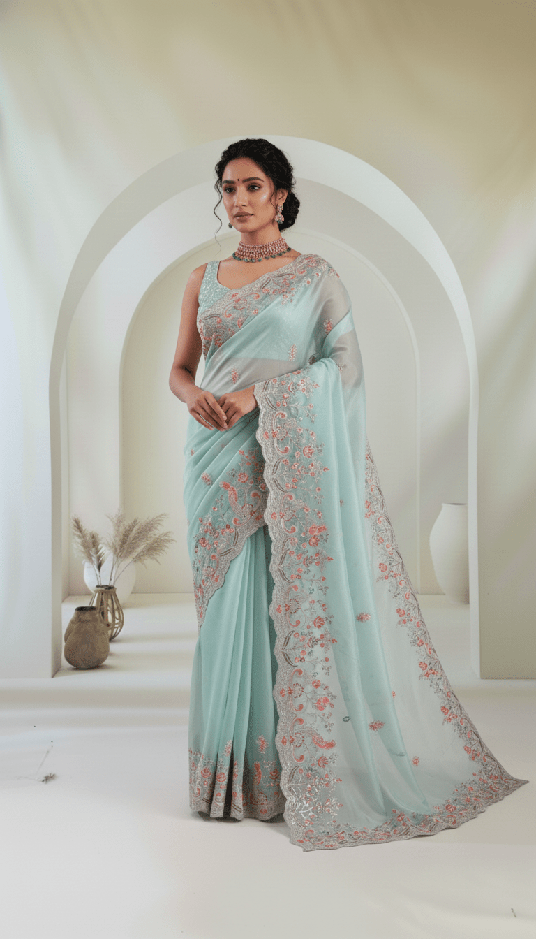 Pure Organza Net Saree in all over resham dori hand thread embroidery - Kalyanam By Swati