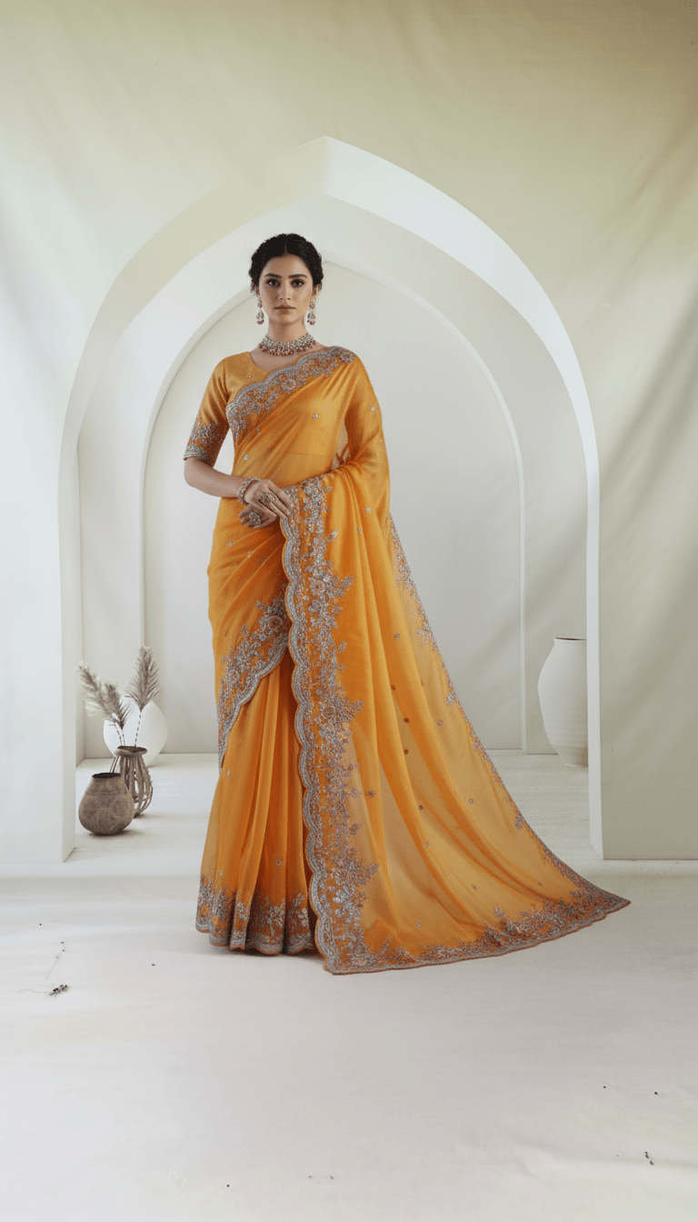 Pure Organza Net Saree in heavy resham thread handwork in turmeric yellow color - Kalyanam By Swati