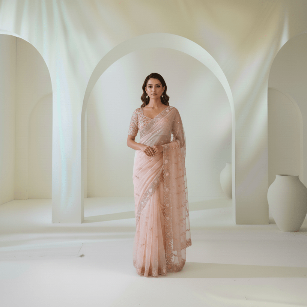 Pure Organza Saree in heavy gotapatti and cutdana handwork in peach pink colour - Kalyanam By Swati