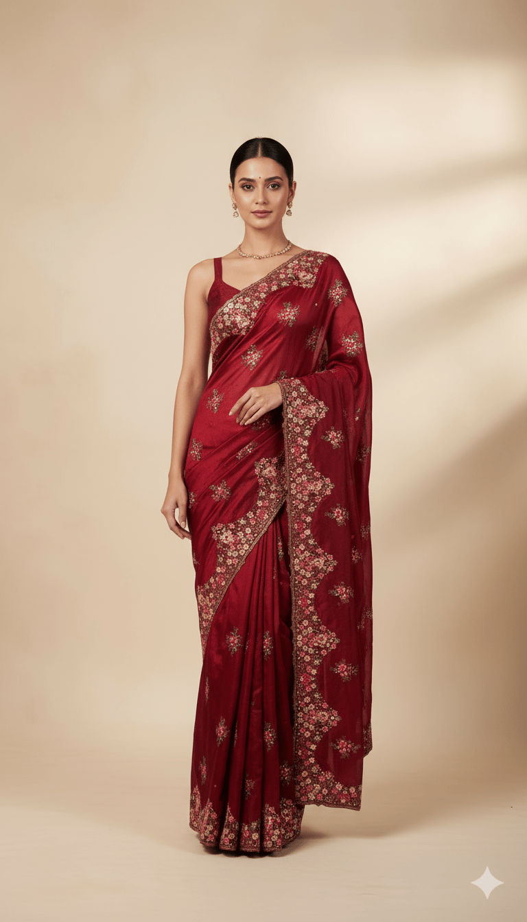 Pure Organza Saree in heavy hand embroidery in Red Maroon color - Kalyanam By Swati