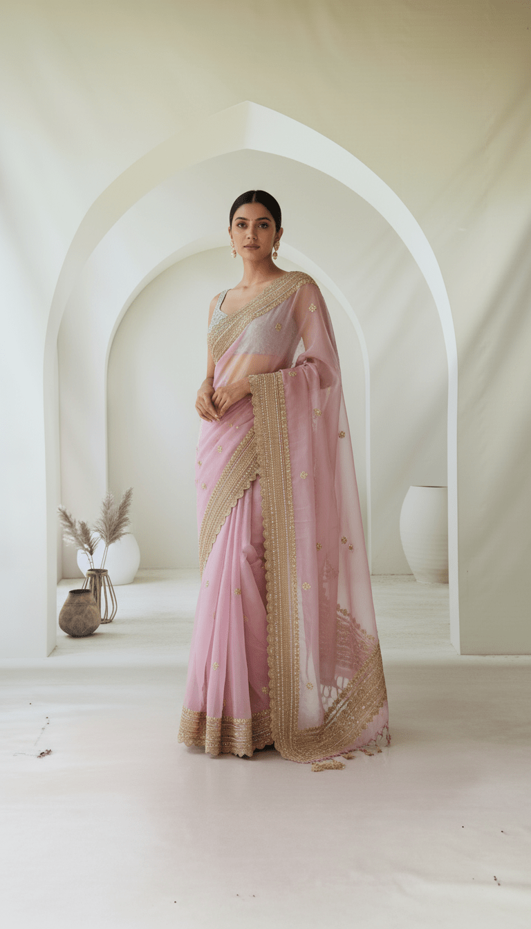 Pure Organza Saree in heavy zardozi handwork in lavender color - Kalyanam By Swati