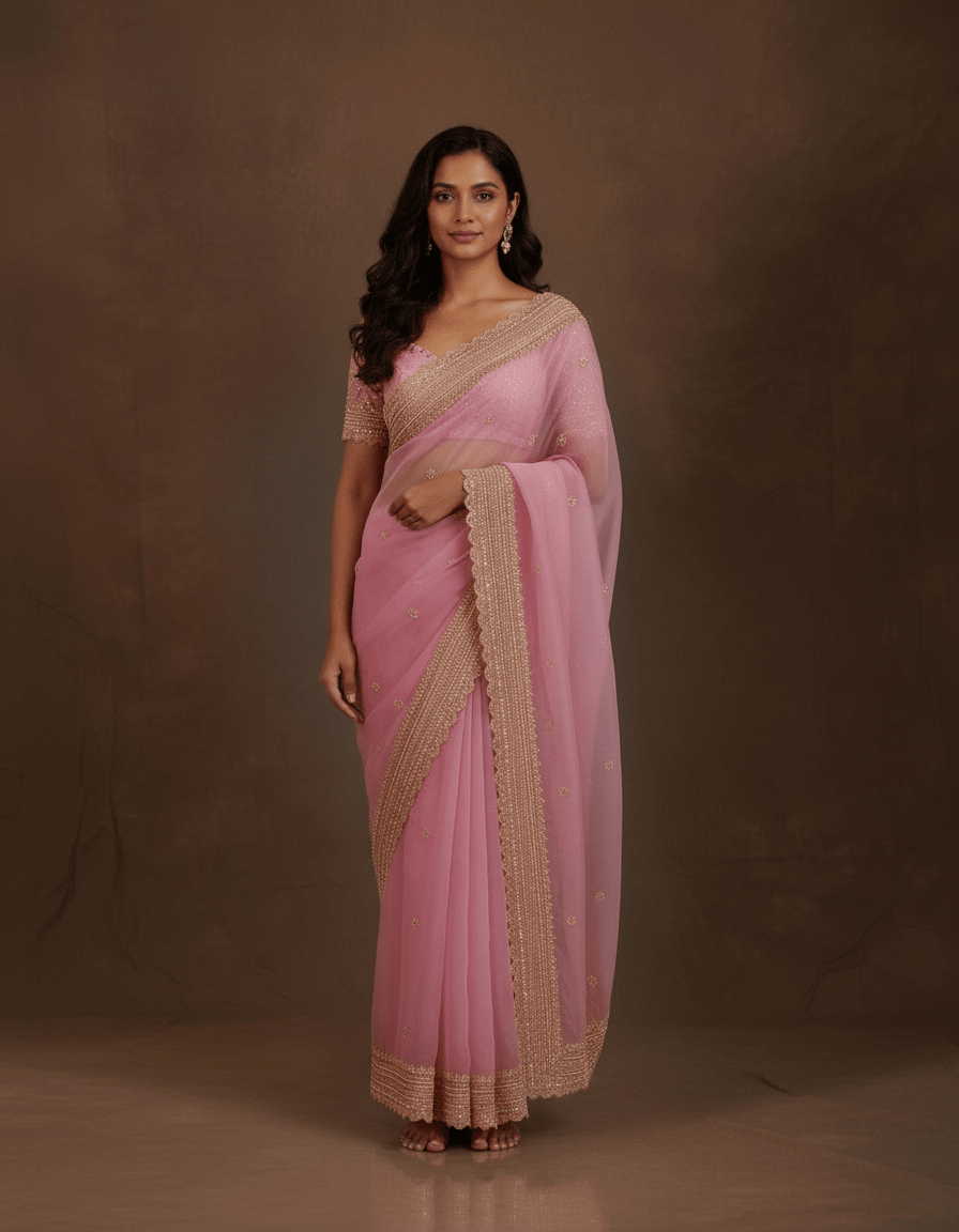 Pure Organza Saree in heavy zardozi handwork in lavender color (Not viscose organza) - Kalyanam By Swati
