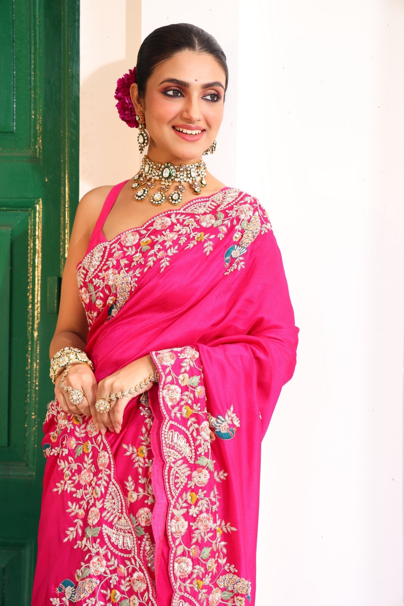 Pure Silk Satin Crepe Saree in Hot Pink color - Kalyanam By Swati