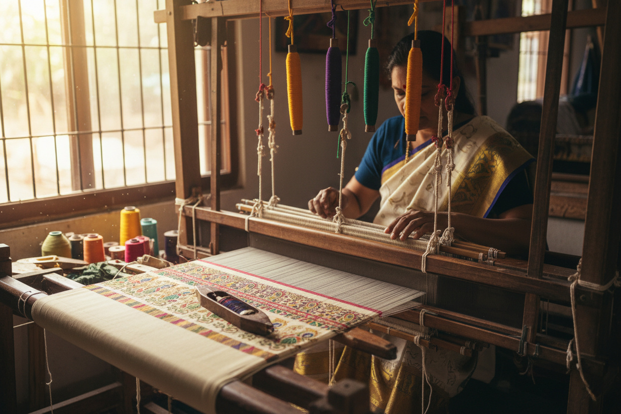 saree weaver working on loom